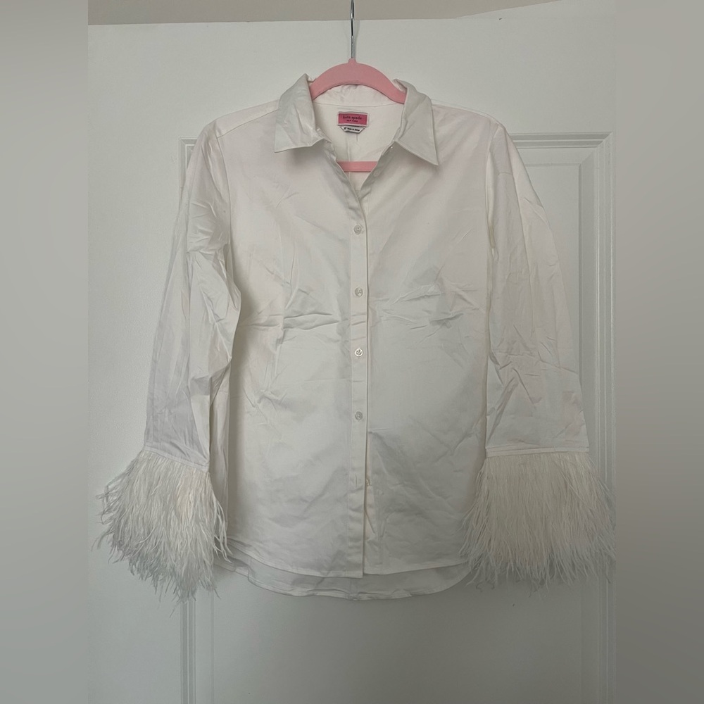 Kate Spade White Feather Cuff Button Down Shirt